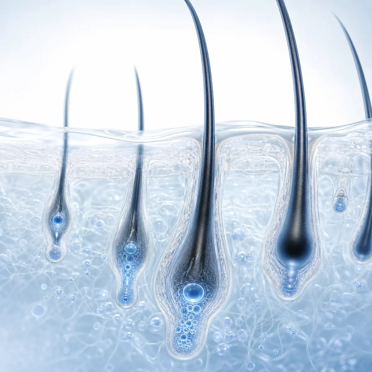 Scientific illustration of hair follicles and cellular activity