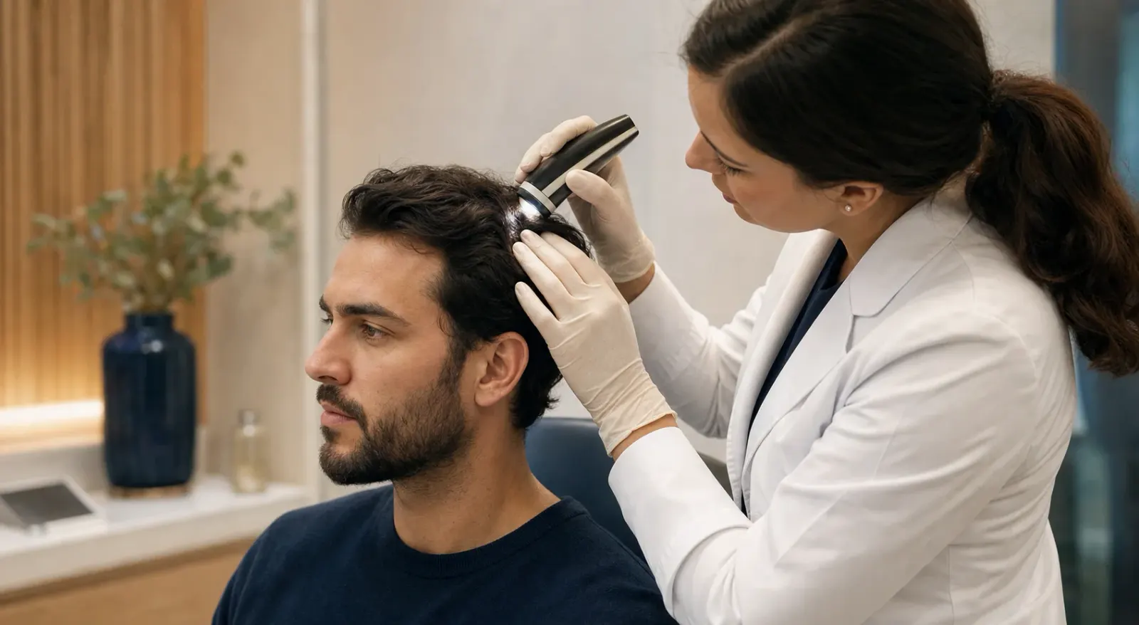 A clinician examining hair and scalp health during consultation