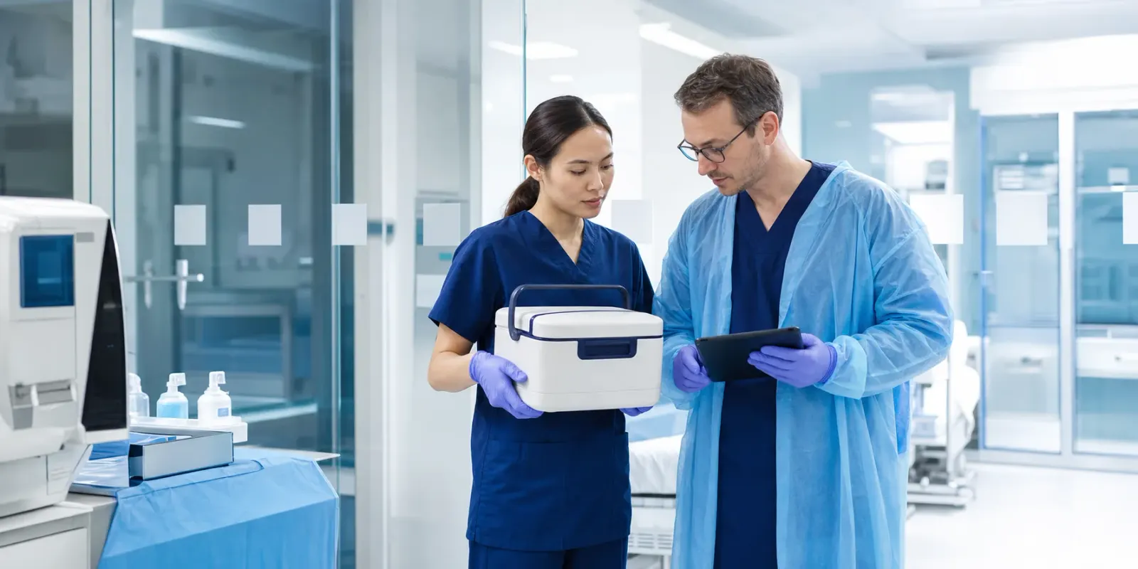 Transplant specialists preparing a controlled stem cell transport container