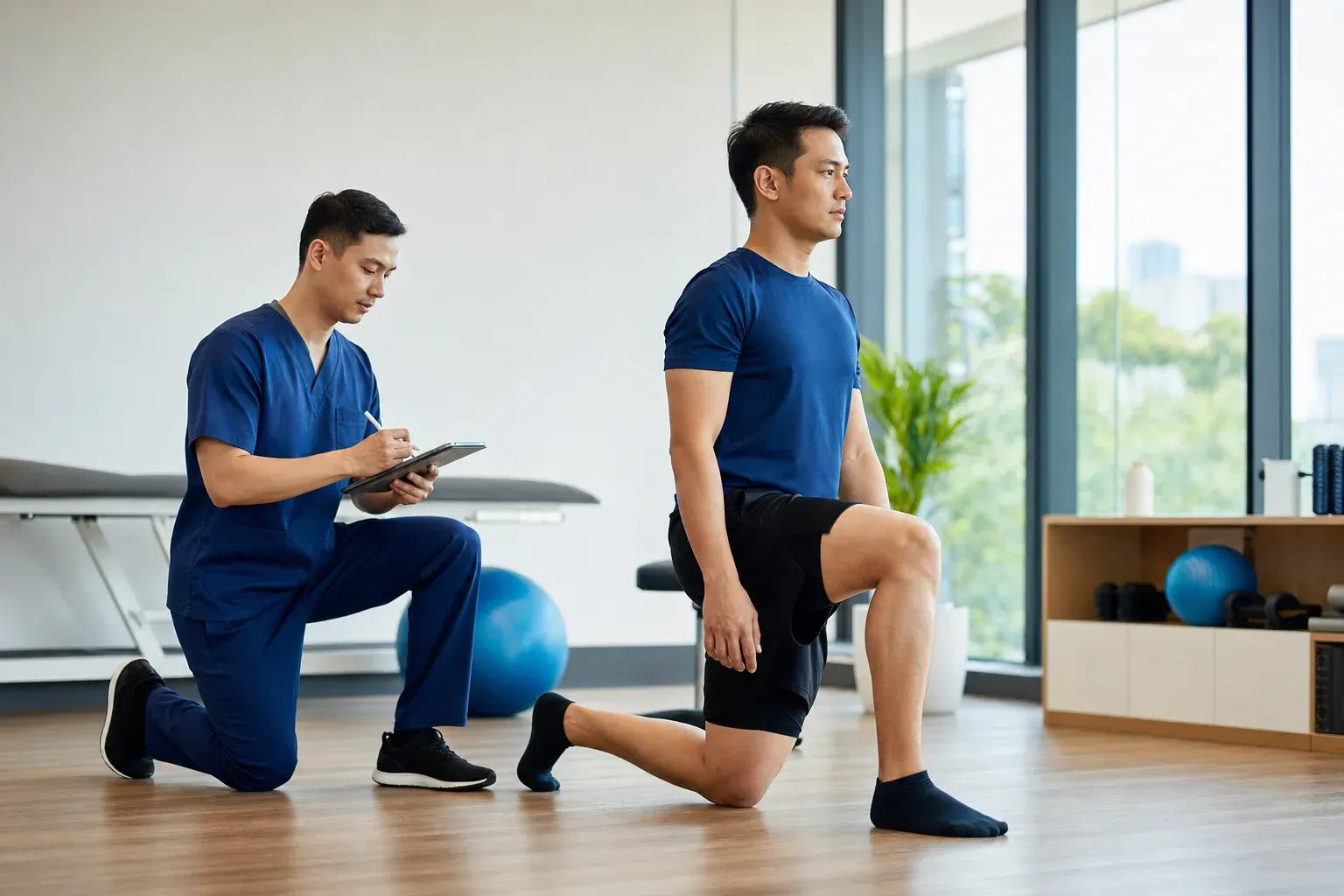 A clinician assessing a patient's knee and mobility