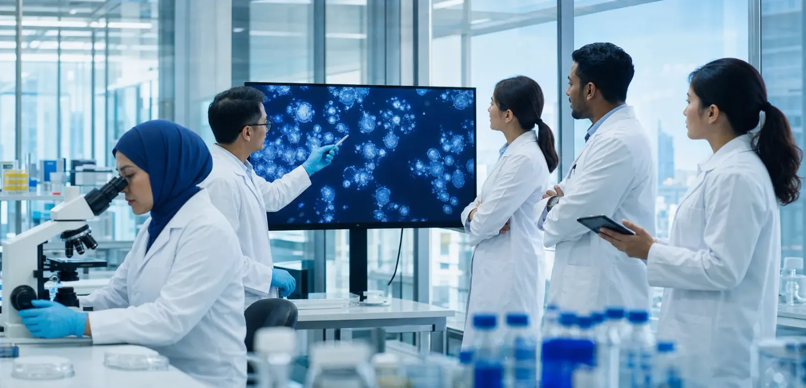 Researchers conducting regulated stem cell laboratory work