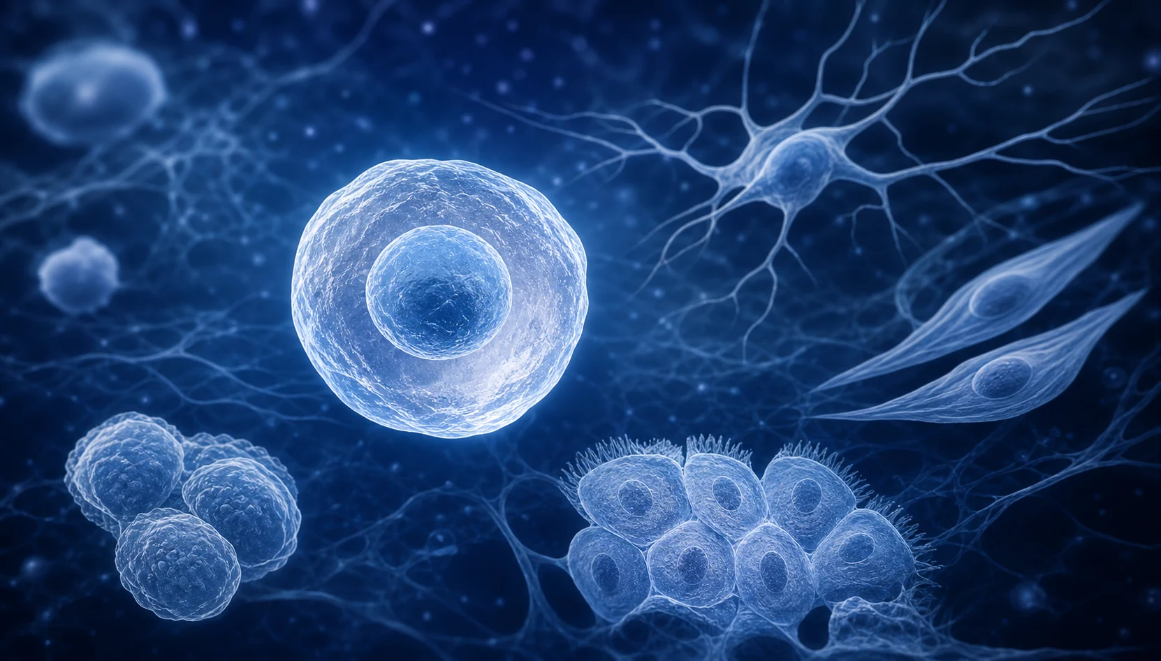 Scientific visualization comparing a stem cell with differentiated cell forms