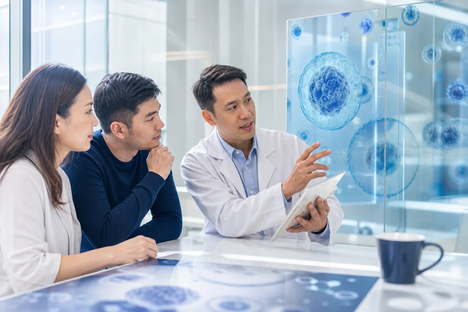 A medical professional explaining stem cell science to patients