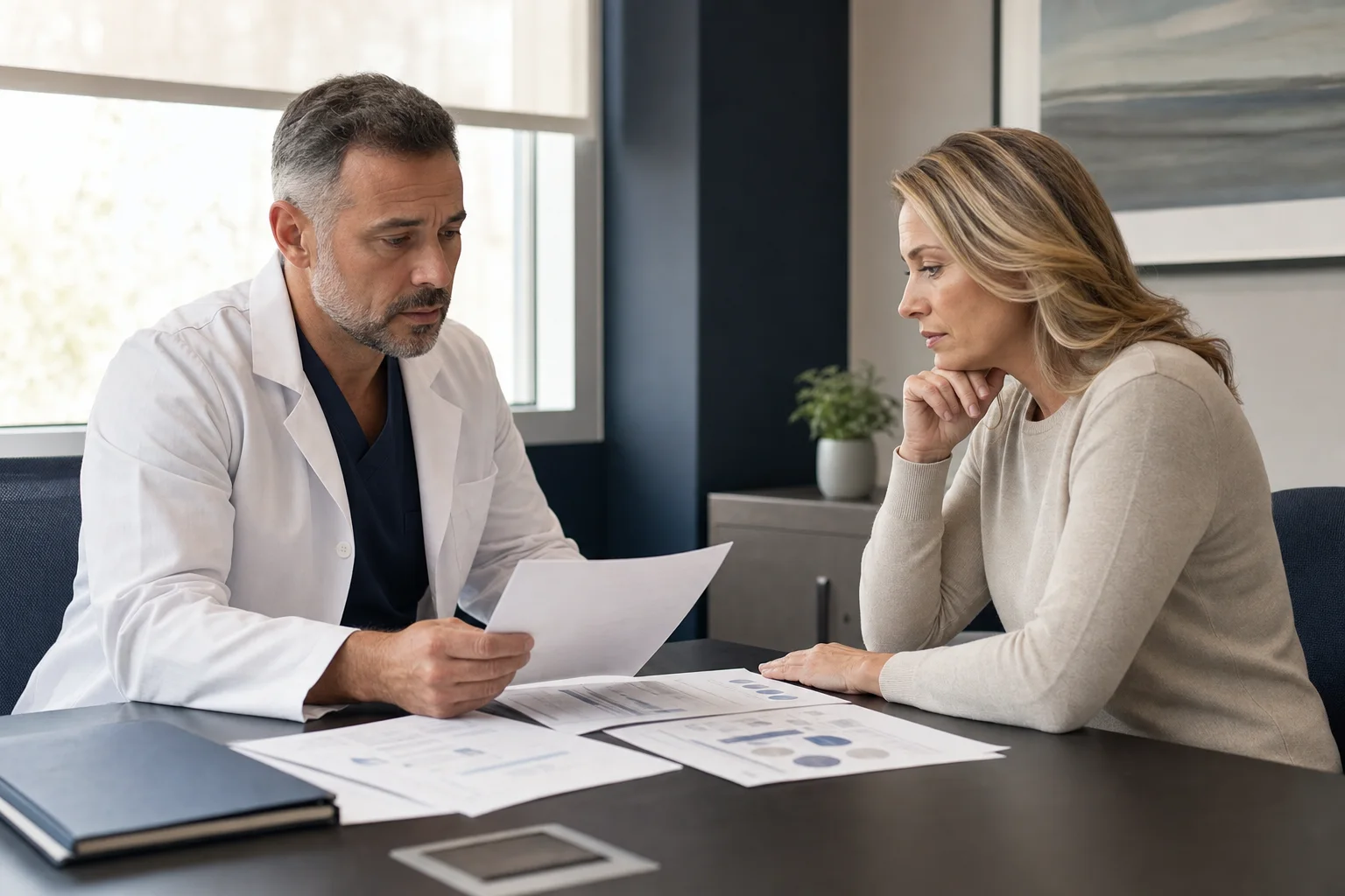 A clinician explaining stem cell therapy risks and limitations to a patient
